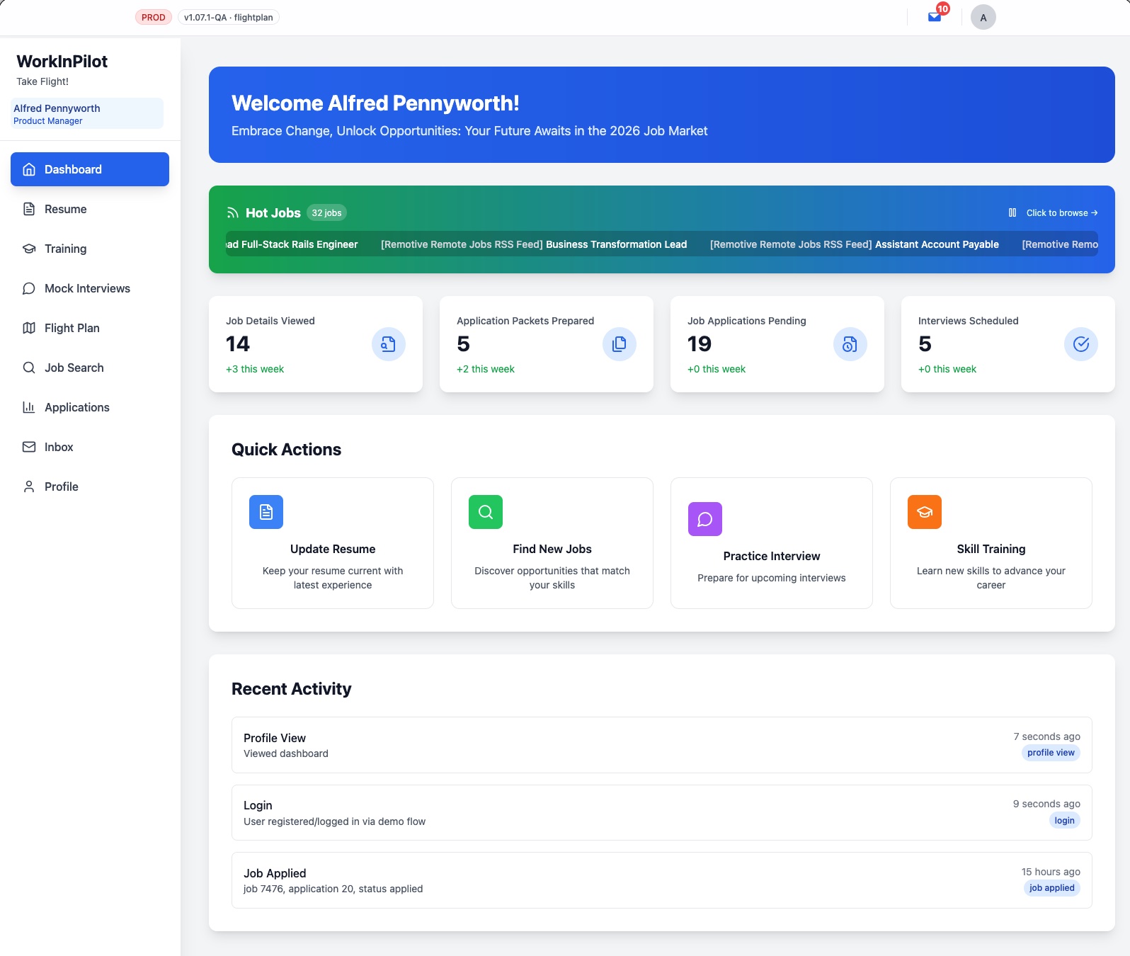 The WorkInPilot dashboard: a welcome banner, a Hot Jobs ticker, activity stats, quick actions, and recent activity, beside the cockpit navigation.