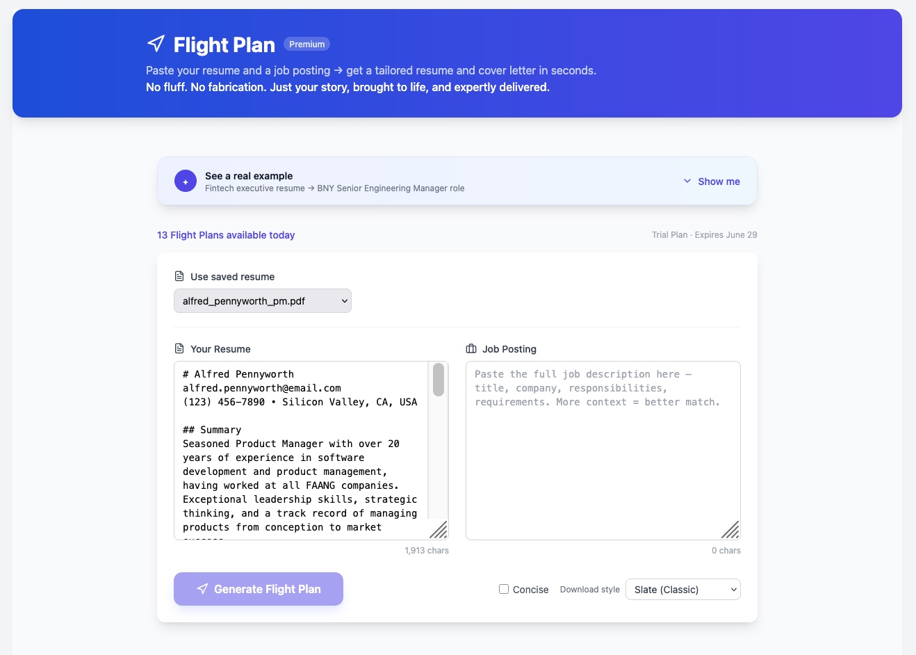The FlightPlan screen: a saved-résumé selector, side-by-side Your Résumé and Job Posting fields, a Generate FlightPlan button, a Concise toggle, and a download-style picker.