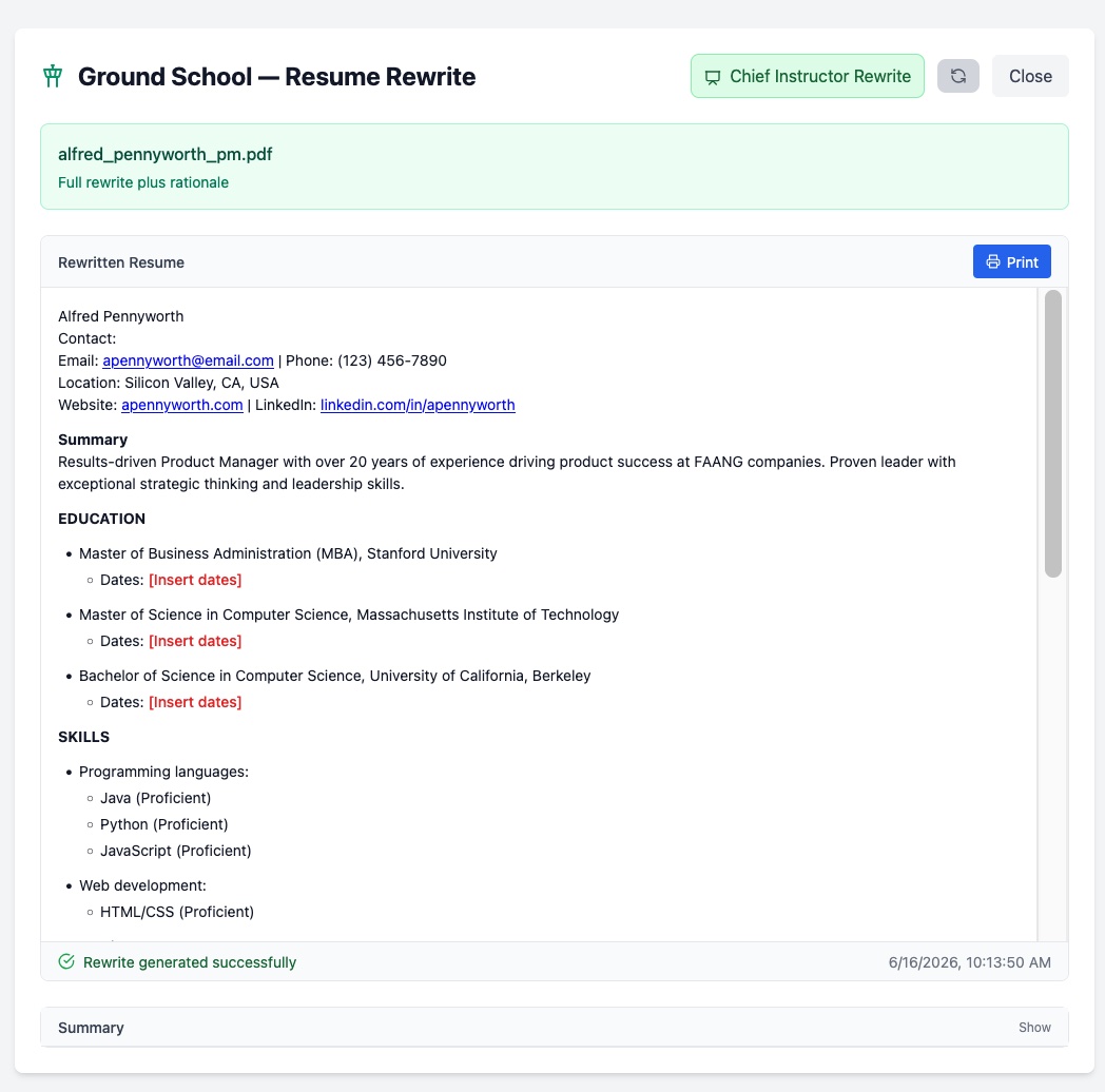 Ground School's rewritten résumé, with dates left as a red [Insert dates] placeholder instead of an invented value.
