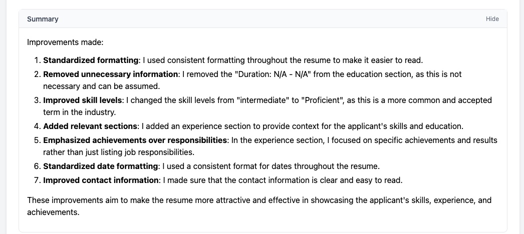 Ground School's numbered summary of every change it made and why.