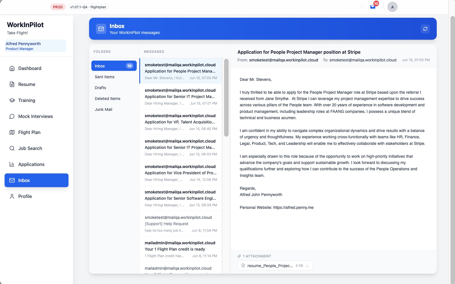 The WorkInPilot inbox: folders, a message list, and a reading pane showing a job-application email with an attachment.