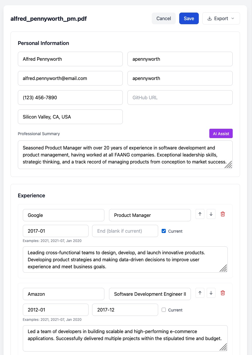 The résumé editor: structured fields for personal info and experience, an AI Assist button on the professional summary, and dated roles.