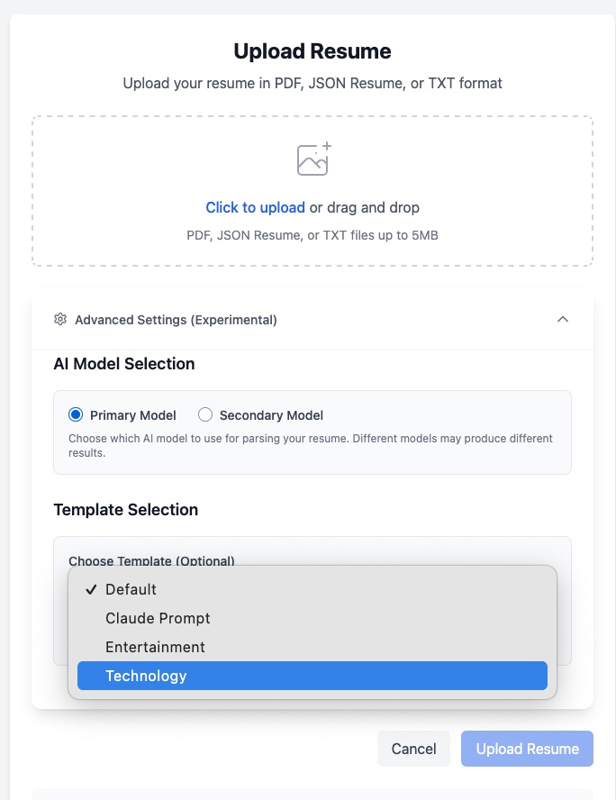 The Upload Résumé dialog: drag-and-drop for PDF, JSON, or TXT up to 5 MB, with model and template options.